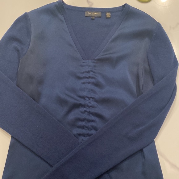 Ted Baker London Navy Blue V Neck Sweater with Ruching - Picture 5 of 6